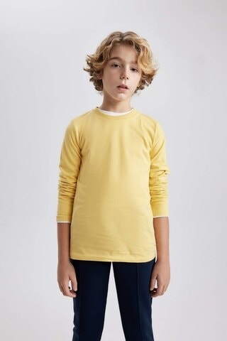 DeFacto Erkek Çocuk Bisiklet Yaka Basic Düz Uzun Kollu Tişört B7771A8NSYL275 Sarı