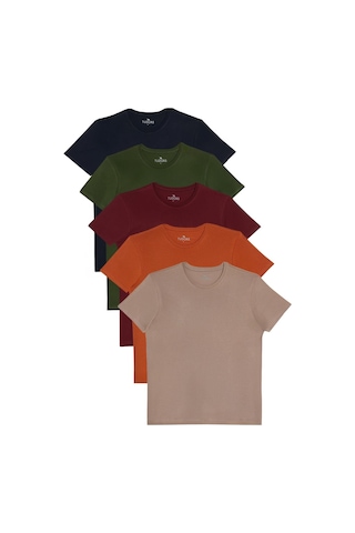 Tudors Unisex 5li Paket Lacivert-haki-bordo-tarçın-vizon Slim Fit Dar Kesim %100 Pamuk Bisiklet Yaka Tişört-33030 Multi Çok Renkli