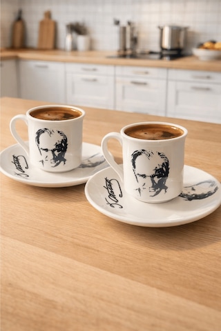 2'li Atatürk Silüet Ve İmzalı Kahve Fincanı Seti - Baskılı Fincan Takımı Beyaz