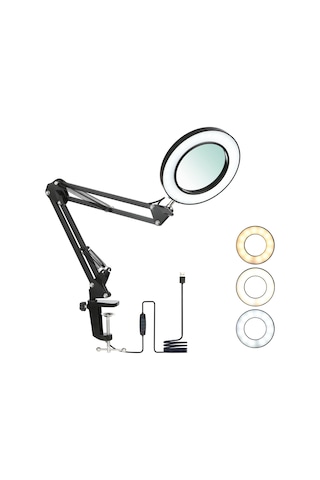 Tomshine Siyah Tomshine Esnek Kelepçeli Masa Lambası, 8x Büyüteçli