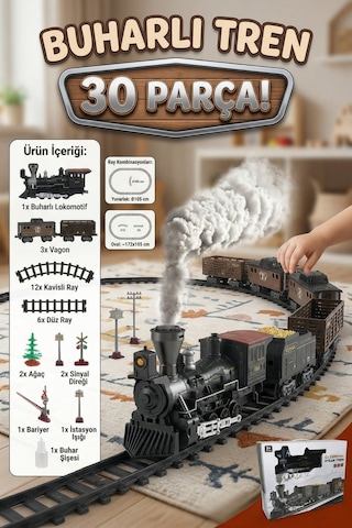 Pilli Buharlı Tren Seti - 30 Parça Işıklı Sesli Gerçek Duman Çıkaran Raylı Tren Oyuncağı