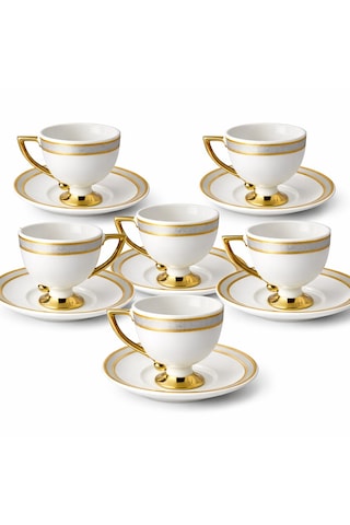 6 Kişilik Gold Gümüş Detaylı Kahve Fincanı Takımı- Buenos Gümüş Desenli Porselen Fincan Seti Beyaz - Altın