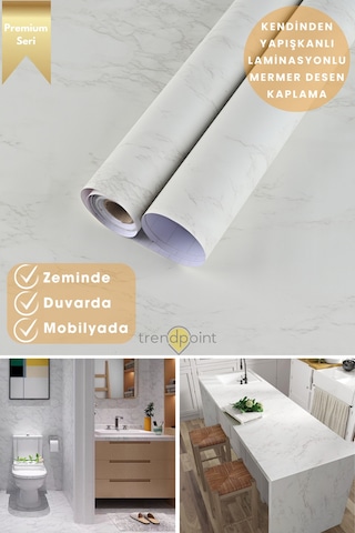 Trendpoint Kendinden Yapışkanlı Mermer Görünümlü 60cm 300cm Premium Zemin Duvar Kağıdı Dolap Kaplama