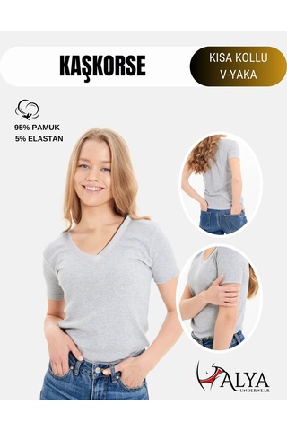 Alya Underwear V Yaka Kaşkorse Kumaşlı Kısa Kollu Bluz, Esnek Ve Pamuklu Kumaş Badi, Bej Kemik Body Gri Melanj