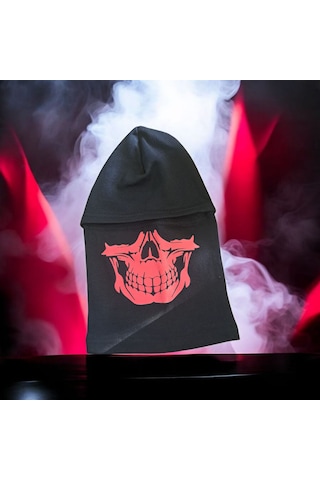 Termal Kırmızı Kurukafa Baskılı Kar Maskesi Siyah Kırmızı