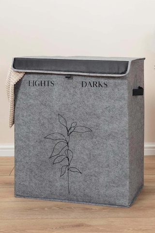 Deri Detaylı 2 Gözlü Çamaşır Sepeti, 53 X 33 X 60 Cm, 105 Litre Gri