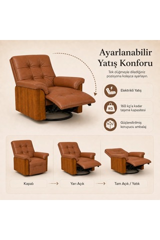 Smarto Relax Berlin Elektrikli Döner Sallanan Tv Koltuğu Kontrol Panelli Ergonomik Kırmızı Deri Baba Koltuğu Açık Kahverengi