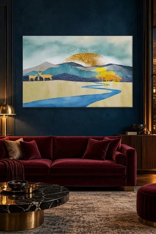 Fida Altın Güneş Ve Mavi Nehir Kıyısında Geyik Ailesi Canvas Tablo Çok Renkli