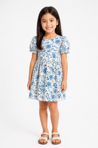 Eray Alp Kids Kız Çocuk Çiçek Desenli Mavi Keten Elbise Yazlık Günlük Model