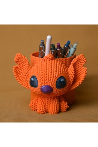 3d Baskı Knitted Kalemlik - Sevimli Karakterli Masaüstü Kalem Organizeri-turuncu Çok Renkli