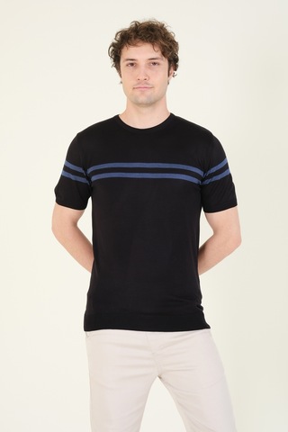 Giyim Dünyası Erkek Sıfır Yaka Çizgili Merserize T-shirt Siyah 001