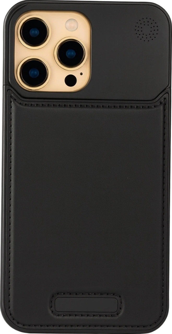 Therock 15 Pro Max Siyah Magsafe Özellikli Alüminyum Alaşımlı Hakiki Deri,kokulu Metal Kızaklı Telefon Kılıfı Siyah