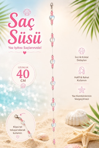 Işıltılı Kalp Boncuklu Pembe Kristalli Çocuk Saç Süsü - 40 Cm Diğer