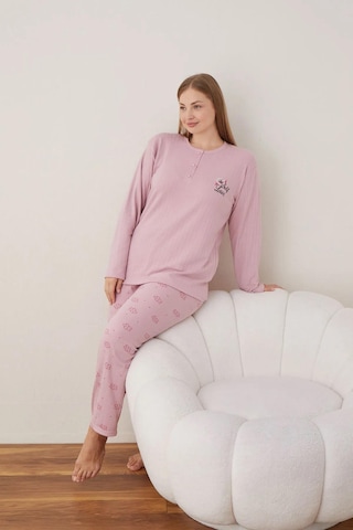 Boyraz Lindros Kadın Pamuklu Düğme Yaka Raporlu İnterlok Battal Pijama Takımı 05111 - 1 Adet Gülkurusu