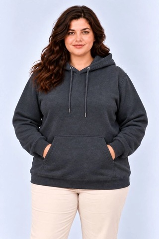 Moda Kadın Battal Büyük Beden Üç İplik İçi Şardonlu Kapüşonlu Kanguru Cepli Kışlık Sweatshirt - Füme Çok Renkli