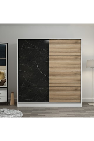 Minarmobilya Minar Kale 2 Kap. Sürgülü Dolap 180 Cm - Beyaz/Royal Mermer/Dore
