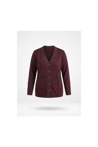 Onno Style Women Bantı Hasır Desenli Çelik Örgü Klasik Triko Ceket Bordo