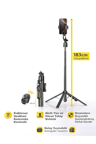 1500 Mah Led Işıklı 183 Cm Ai Takip Özellikli Gimbal Tripod Selfie Çubuğu Bluetooth Kumandalı