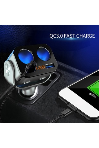 12v Araç Şarj Çakmak Soket Splitter Hızlı Şarj Çift Usb Gerilim Göstergesi Evrensel Araç Adaptörü-siyah