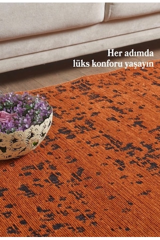 Bohem Tarz Geometrik Desenli Pamuk Taban Turuncu Renk Şönil Kilim