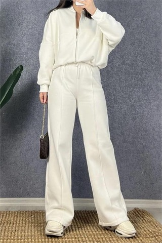 Neşeli Butik Kadın Fermuarlı 3 İplik Eşofman Takımı Nb0018 - Ekru Ekru