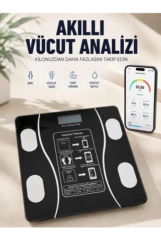 Akıllı Vücut İz Baskülü Bluetooth Bağlantılı 4 Sensörlü Lcd Ekranlı Dijital Tartı