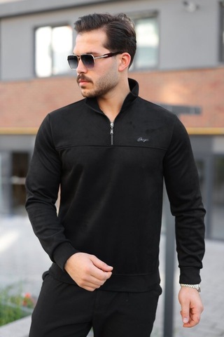 Suma Erkek Süet Yarım Fermuar Dik Yaka Sweat Siyah