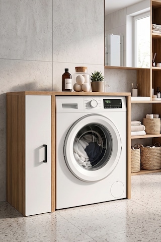 Naome Beyaz Meşe Tek Katlı Çamaşır Makinesi Dolabı Çok Amaçlı Banyo Dolabı Raflı Meşe Tek Naome
