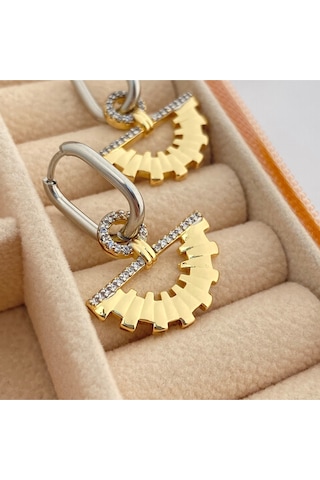 Çelik Kadın Küpe Trend Yelpaze Küpe Çift Renk Gold - Gümüş