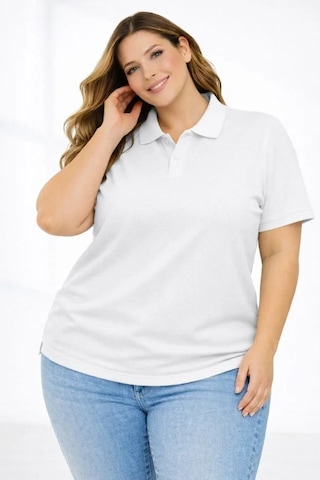 Buğrahayalin Pike Kumaş Düğmeli Yaka Battal Büyük Beden Günlük Kısa Kol Tişört T-shirt - Beyaz Beyaz