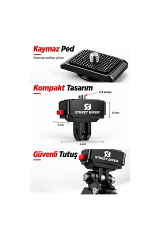 Acqr-01 Aksiyon Kamera Adaptörü 1/4 İnç Vidalı, Çatal Bağlantılı, Hızlı Tak Çıkar Siyah