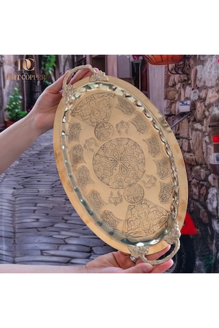Dmt Gaziantep Bakır 34,5 Cm Osmanlı El İşi Sunum Tepsi Kına Tepsisi 34.5cmx21.5cm Gold