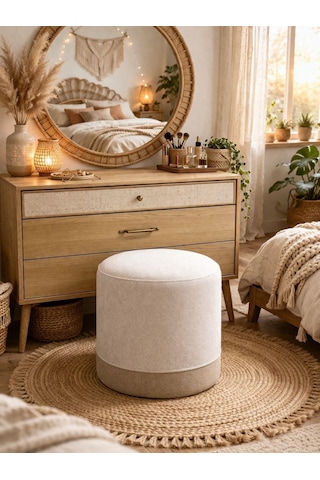 Crearthome Dekoratif Bohem Puf Tabure Makyaj Masası Pufu Bench Krem