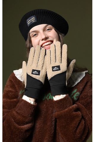 Snapbuy Unisex Kışlık, Parmak Açılır Dokunmatik, Kalın Peluş Eldiven Camel