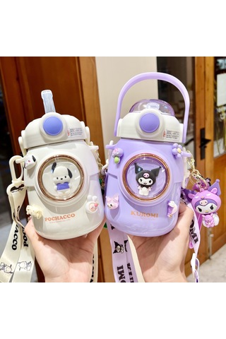 Lyon Kulomiçocuk Sevimli Hasır Termos Bardağı Mor