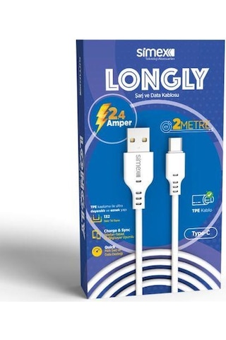 Simex SPK-08 Longly Type-C Data Kablosu 2 M Beyaz