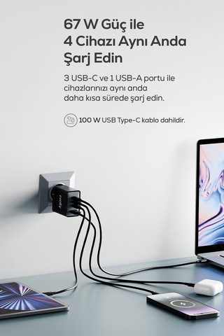 Hızlı Şarj Adaptörü 67w Gan + Type-c Kablo 100w Pd 4 Port, İphone & Samsung Uyumlu V0102013
