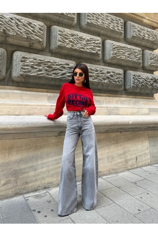 Out Of Standart Kadın Extra Wide Leg Yüksek Bel Geniş Paça Jean Pantolon Antrasit
