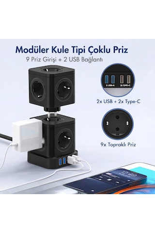 Kule Tipi Çoklu Priz 3680w 9 Lu Topraklı Priz + 2 Usb + 2 Type-c Masaüstü Dikey Akım Korumalı Priz 2 m