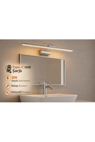 Sarjlı Led Flüt Resim Aplik 8w 3200k Gün Işığı 50cm Duvar Tipi Ayna/tablo Üstü Dekoratif Işık Ip20 Iç Mekan Kullanım Krom