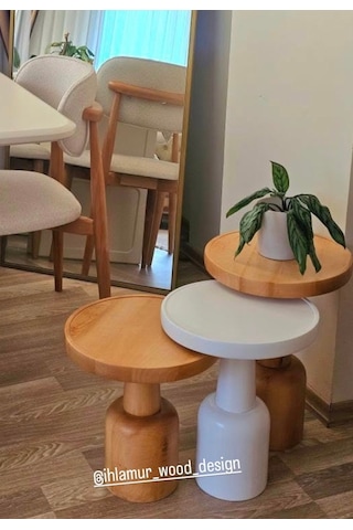 Oluklu Mantar Sehpa Beyazlı Vernikli Beyaz
