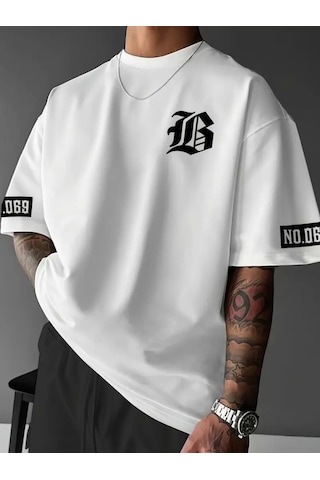 Modi Baskılı Oversize Bisiklet Yaka T-shirt - Beyaz - Mymg158903