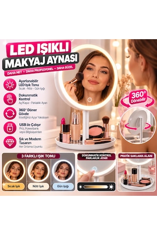 Led Işıklı Yuvarlak Makyaj Aynası Dokunmatik Ayarlanabilir Işık Tonlu, 360 Döner Masaüstü Profesyonel Makyaj Ve Cilt Bakım Aynası 15x25cm