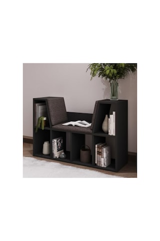 Minimalist Tasarımlı Minderli Kitaplık - 103 Cm Yükseklik Abanoz - Beyaz