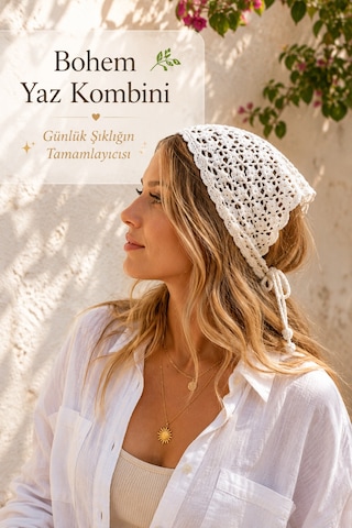 El Örgüsü Saç Bandanası Bohem Bone Yazlık Kombin Bandana Saç Aksesuarı Beyaz 87106486