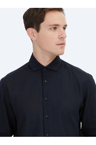 Siyah Düz Dokuma Casual Pamuk Karışımlı Gömlek Siyah