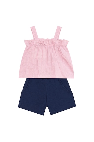 Denokids Kız Bebek Çocuk Pembe Müslin Bluz Şort Takım Pembe