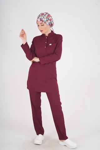 Bordo Renk Sakura Model Tesettür Doktor Hemşire Scrubs Üniforma Takımı Bordo