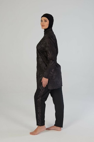 Estiva 26964 Siyah Tropical Tam Kapalı Taş Baskılı Pantolonlu Fermuarlı Tesettür Mayo