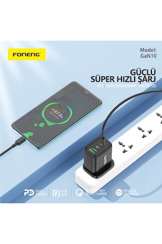 Foneng Gan10 Gan 65w 2x Type-C - 1x USB 3 Girişli Hızlı Şarj Aleti